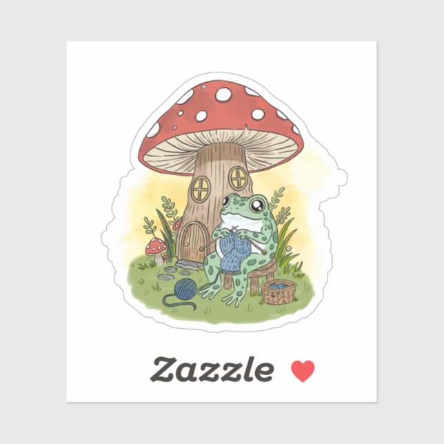 Sticker Cute Whimsical Frog Knitting Illustration (Feuille)
