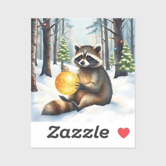 Sticker Cute Winter Raccoon with Gold Ornament Christmas (Feuille)