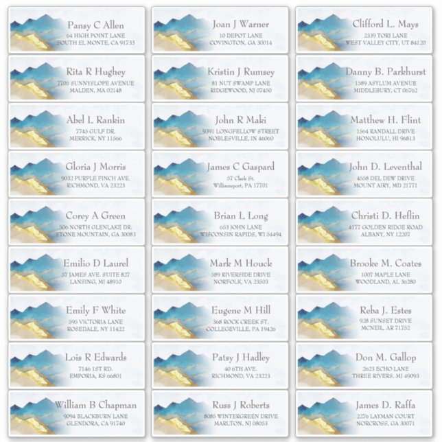 Sticker d'adresse du Mariage Blue Gold Mountains (Devant)