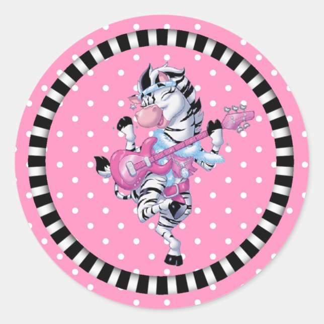 Sticker/Dancing Zebra and Polka Dots Classic Round Sticker (Front)