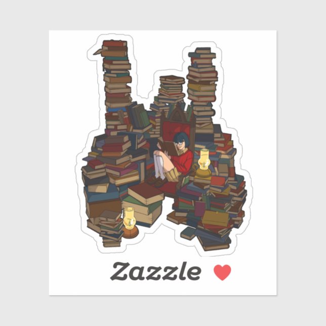 Sticker Dark Academia Red Brown Illustration Girl Livres (Feuille)
