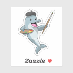 Sticker Dauphin comme Peintre avec pinceau et couleur