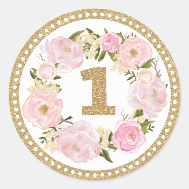 Sticker de balise rose & or Floral 1er anniversair (Devant)