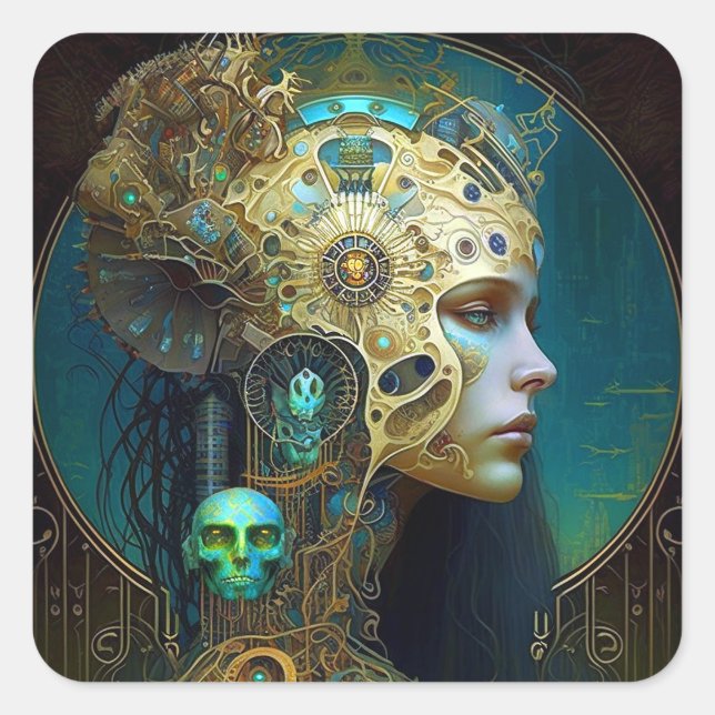 Sticker de Carré d'art de Cyborg Woman Imaginaire (Devant)