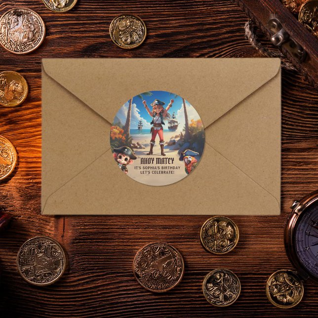 Sticker de fête d'anniversaire de la fille pirate  (Créateur téléchargé)