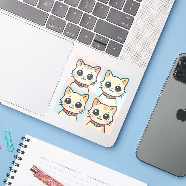 Sticker de grille de chat de dessin mignon (Ordinateur portable avec iPhone)