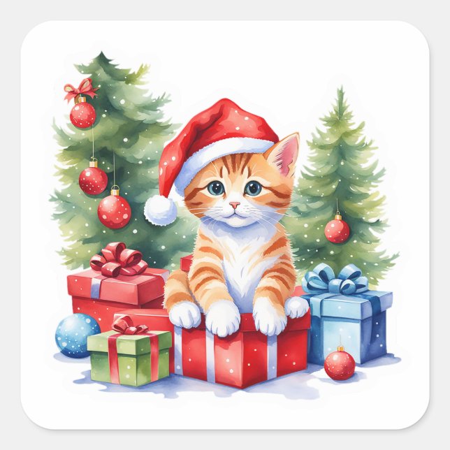 Sticker de Noël chat adorable - Kitty by the Tree (Devant)