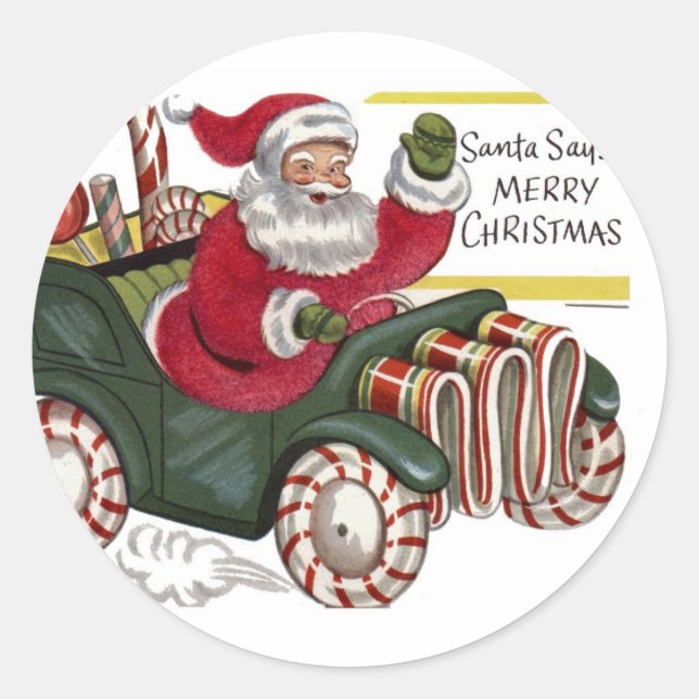 Sticker de Noël de Père Noël vintage en voiture (Devant)