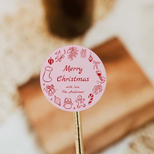 Sticker de Noël Doodle Étiquette à main rose (Créateur téléchargé)