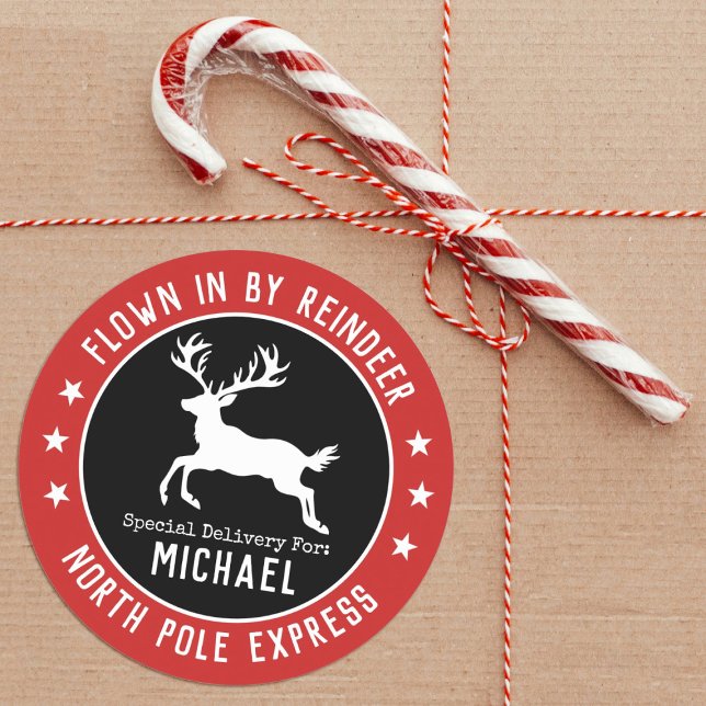 Sticker de Noël père Noël North Pole Reindeer (A  reindeer Christmas sticker, with the words, Flown in by Reindeer, cute for your Christmas gifts.)