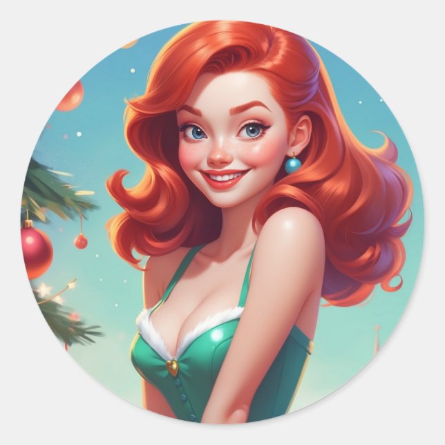 Sticker de Noël Pin-up fille, Redhead ROUND (Devant)