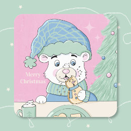 Sticker de Noël rose Carré de l'ours polaire