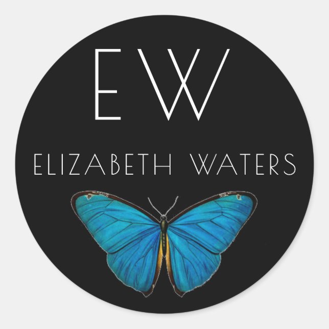 STICKER DE NOM PERSONNALISÉ BLEUE BOUTTERFLY ROND (Devant)