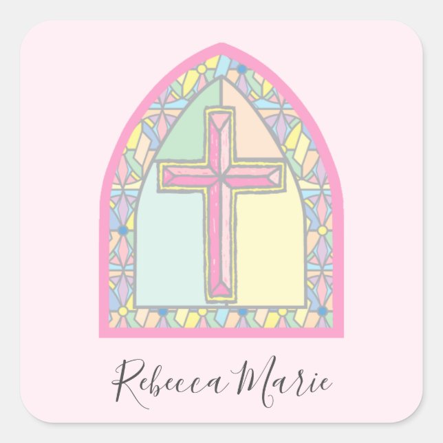 Sticker de première communion en verre rose (Devant)