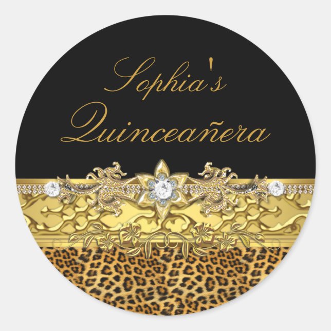 Sticker de Quinceanera Leopard Noir & Or (Devant)