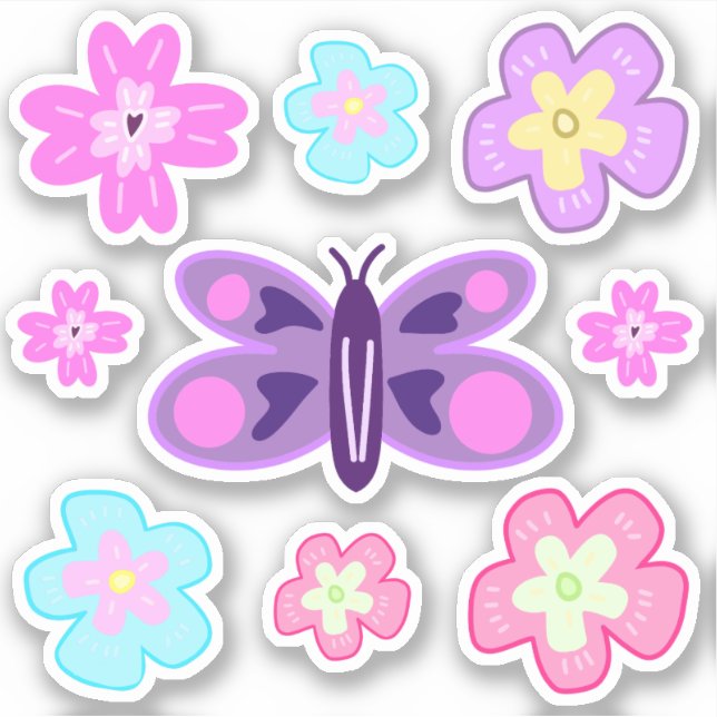 Sticker Dessin à la main Fleurs de dessin coloré et papill (Devant)