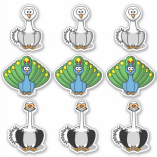 Sticker Dessin animé d'oiseau Cygne, Paon, Autruche