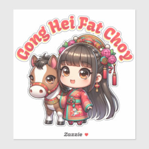 Sticker Dessin chinois Nouvel An Cheval et fille
