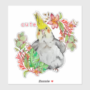 Sticker Dessin d'aquarelle d'un perroquet amusant en fleur