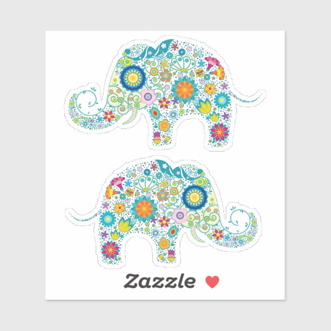 Sticker Deux Joli Eléphant Floral Retro Coloré (Feuille)