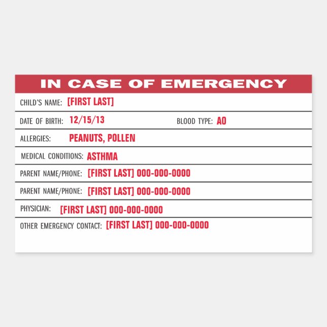 Sticker d'information d'urgence pour enfants (Devant)
