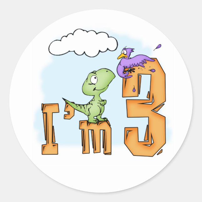 Sticker Dino Fun 3ème Anniversaire Classic Round (Devant)
