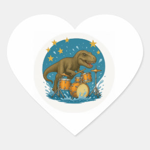 Sticker: Dinosaur Playing Drums with Stars Rectang Heart Sticker