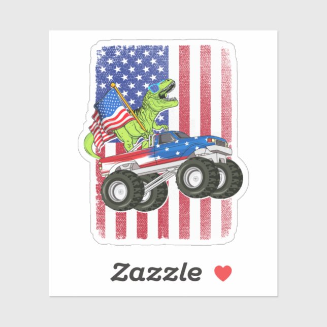 Sticker Dinosaur T Rex Monster Truck Drapeau américain (Feuille)
