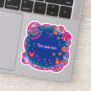 Sticker d'inspirété Boho bleu fleurs et coeurs
