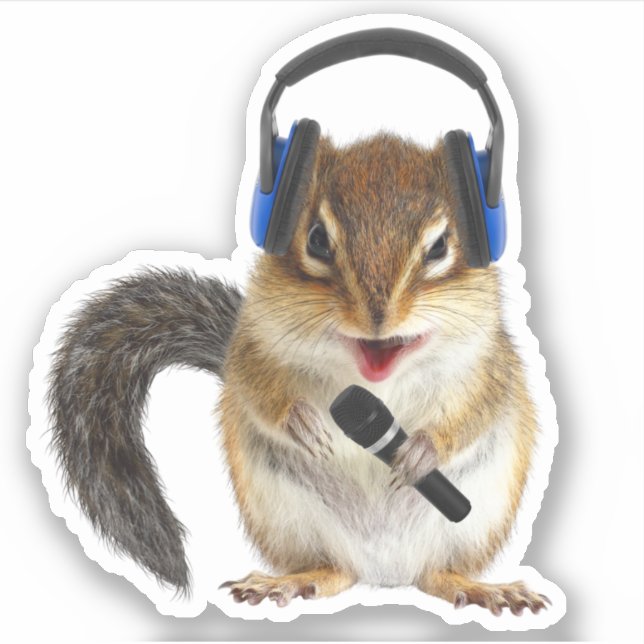 Sticker DJ chipmunk drôle avec casque et microphone. (Devant)