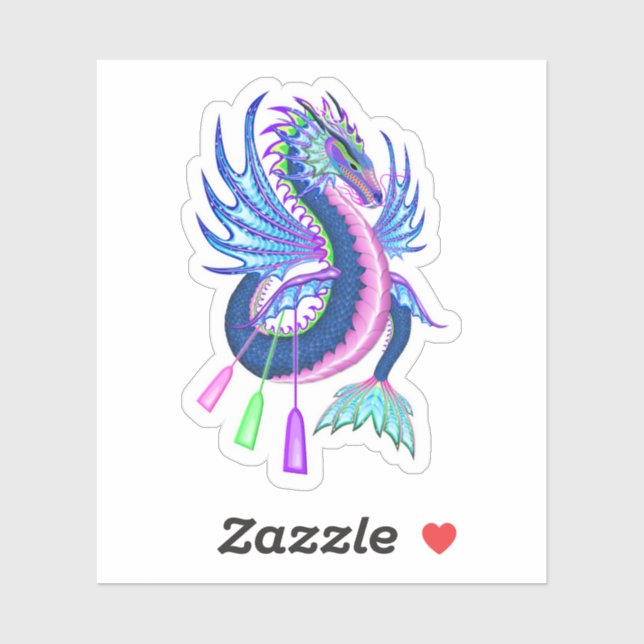 Sticker Dragon d'eau rose et bleu avec pagaies (Feuille)