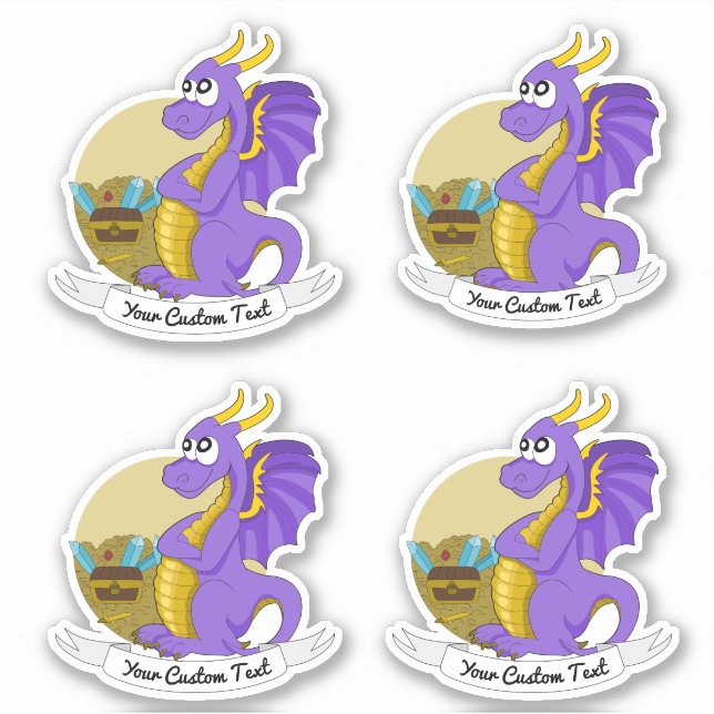 Sticker Dragon violet de dessin animé avec trésor et texte (Devant)