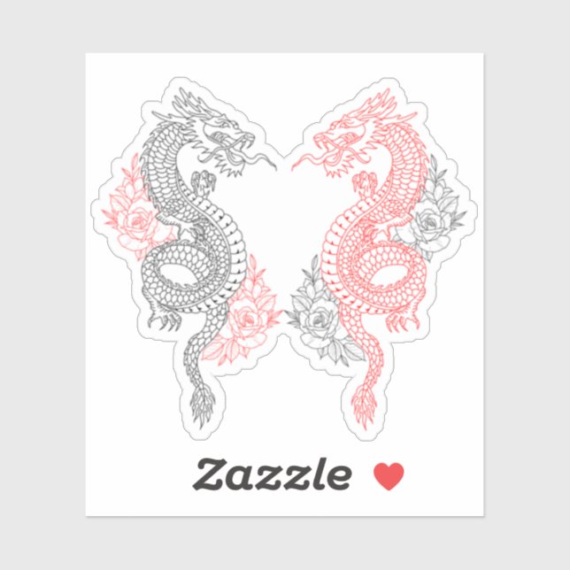 Sticker Dragons traditionnels noirs et rouges avec Roses (Feuille)
