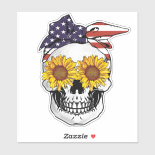Sticker Drapeau USA Crâne Tournesol Yeux Cheveux Bandana