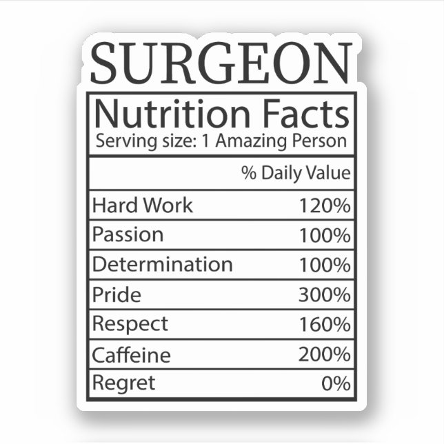 Sticker Drôle Chirurgien Nutrition Facts, Cadeau Chirurgie (Devant)