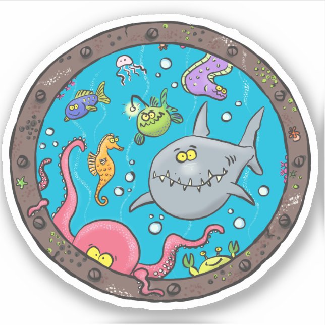 Sticker Drôle créatures marines sous-marines dessin animé (Devant)
