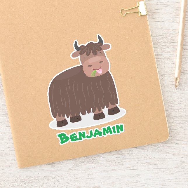 Sticker Drôle joyeux yak mangeant de l'herbe dessin d'illu (Carnet)