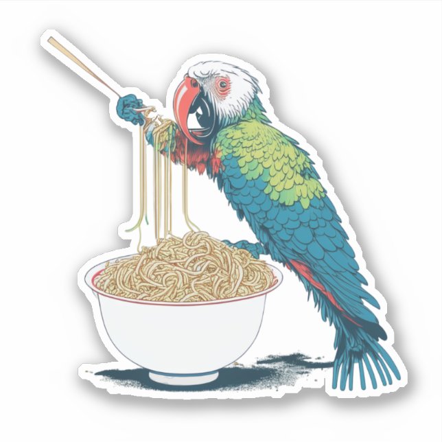Sticker Drôle Perroquet mangeant des nouilles de ramen (Devant)