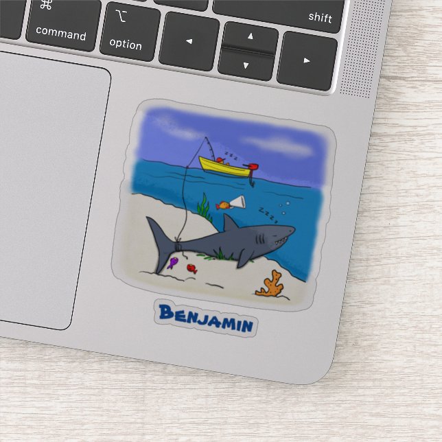 Sticker Drôle requin couché et dessin animé de pêche (Détail)