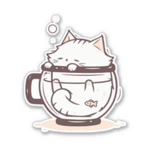 Sticker Drôle Simple Chat Blanc dans une Coupe
