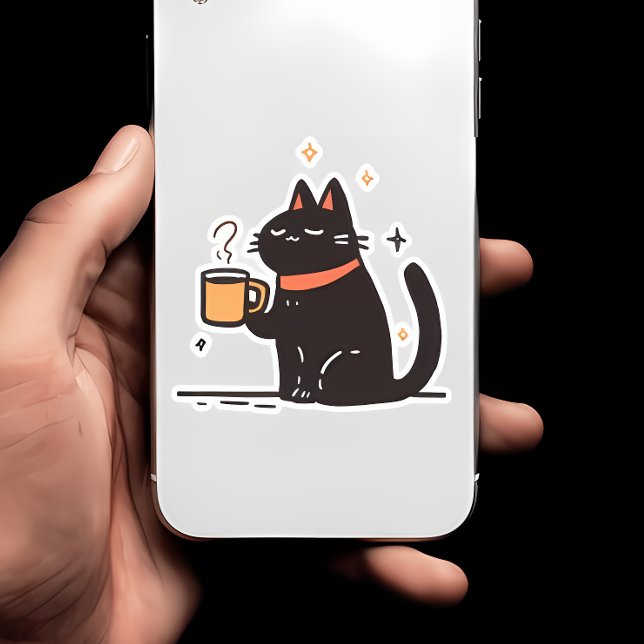 Sticker Drôle Simple Chat Noir avec Coffee Cup (Créateur téléchargé)