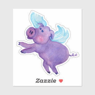 Sticker Drôle violet volant Pig Aquarelle Peinture
