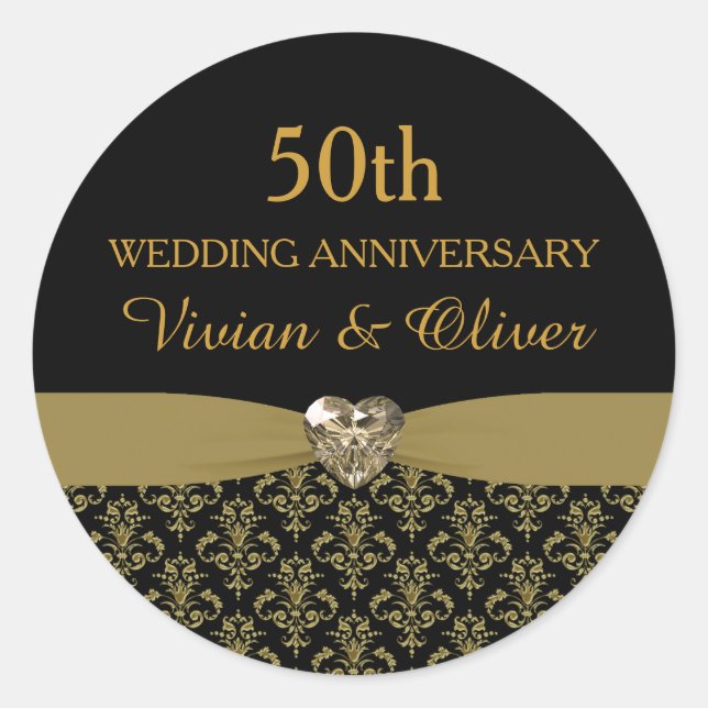 Sticker du 50e anniversaire du Mariage Gold Damask (Devant)