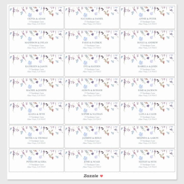 Sticker Dusty Blue Fleur sauvage Fête des mariées Adresse  (Feuille)