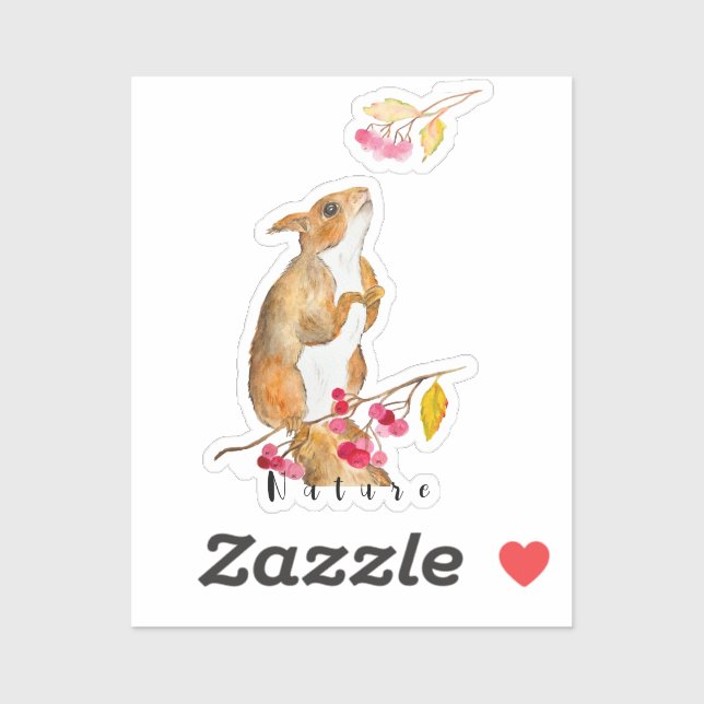 Sticker Écureuil d'aquarelle drôle sur une branche avec de (Feuille)