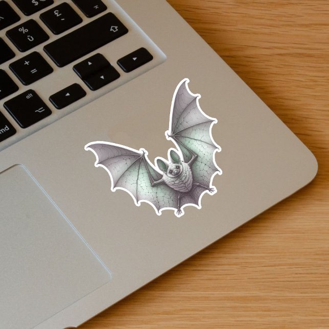 Sticker Éffrayant Volant Bat blanc Vert brillant ailes se  (Spooky flying glowing green white bat on vinyl sticker for Halloween.)