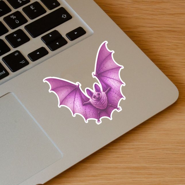 Sticker Éffrayant Volant Rose brillant Ailes de chauve-sou (Spooky flying glowing dark vibrant pink bat on vinyl sticker for Halloween.)