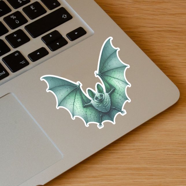 Sticker Éffrayante Volant Vert Éclairant Ailes de chauve-s (Spooky flying glowing greenish blue bat on vinyl sticker for Halloween.)
