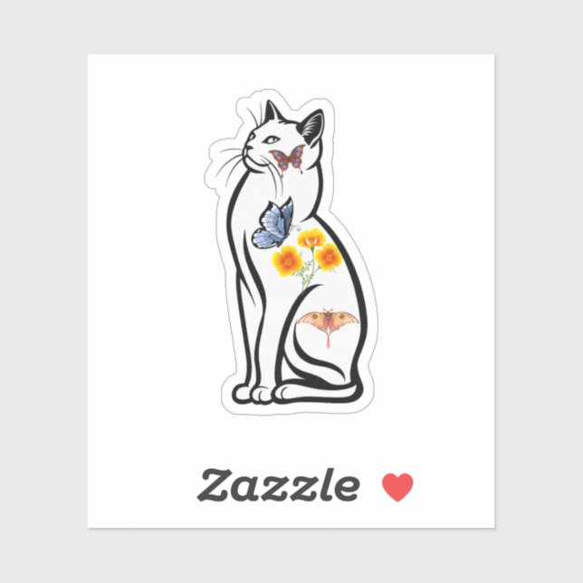 Sticker Elegant Cat Outline with Butterflies and Flower (Feuille)