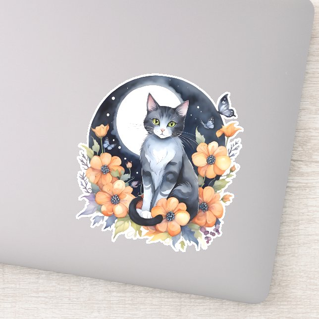 Sticker Élégant Chat noir Floral Moon Art Amoureux des cha (Détail)
